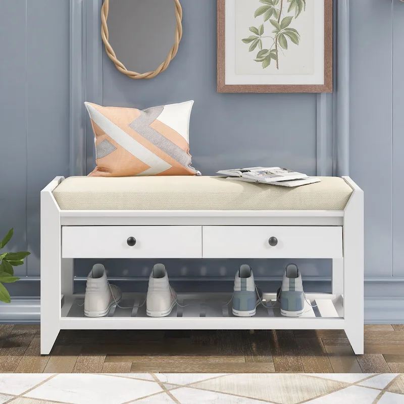 Contemporary Cushioned Shoe Rack with 2 Drawers and Open Shelf