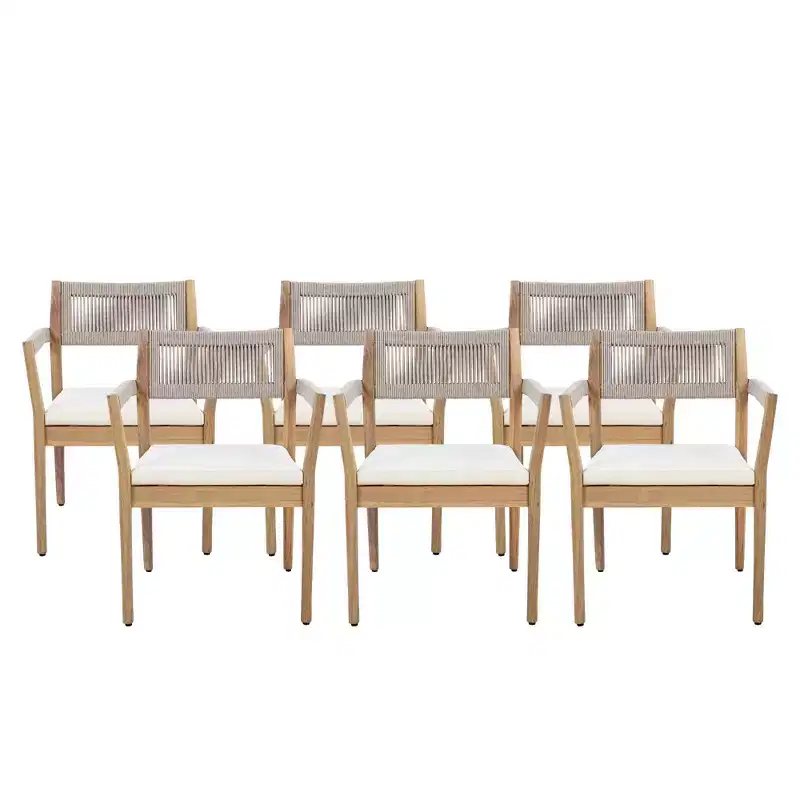 NAYSAYE Patio Dining Sets Braided Acacia Wood Dining Chairs with Cushions and Armrests for Garden Poolside, Cream and Beige, 23.25*21.5*32.25