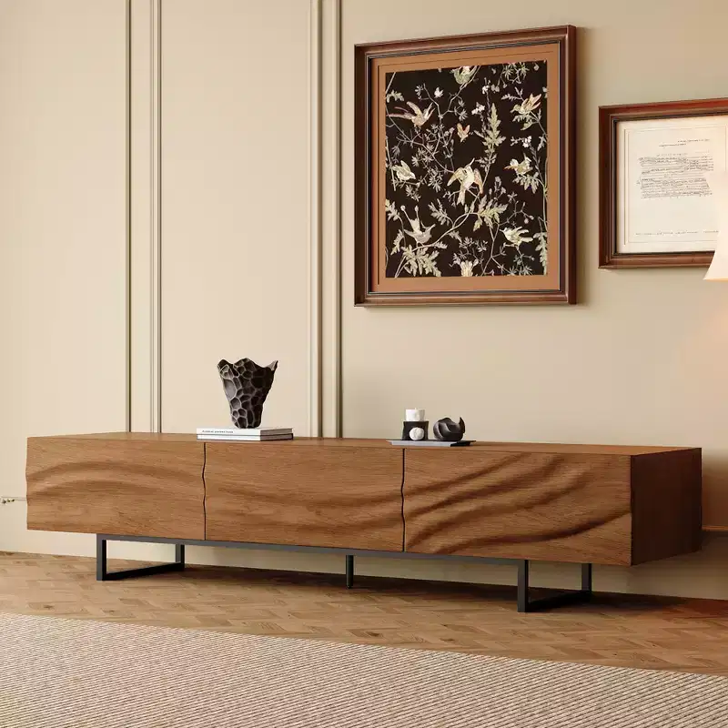 Luck Live 82.83 Mid-Century Modern Solid Wood Relief TV Stand - 3 Drawers, Metal Legs & Ventilation Holes