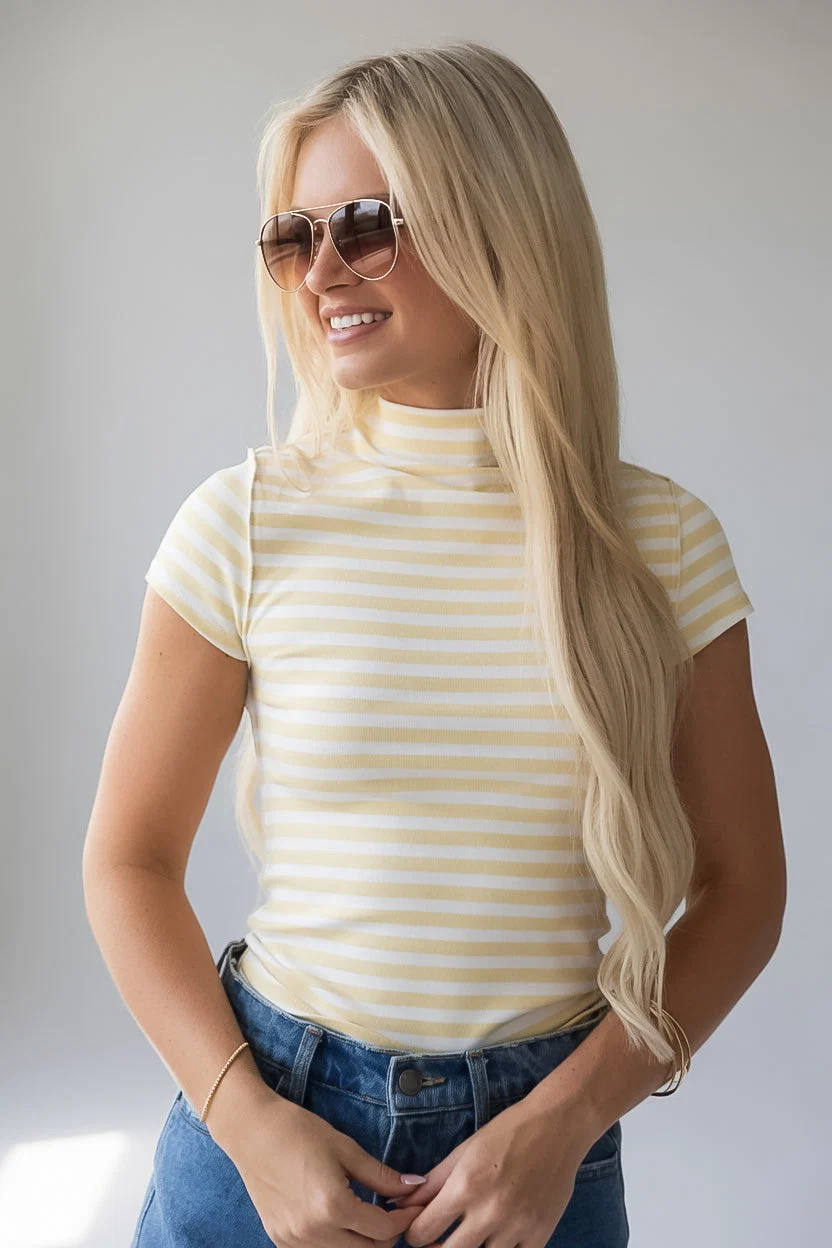 Yellow Stripe Mock Neck Fitted Tee