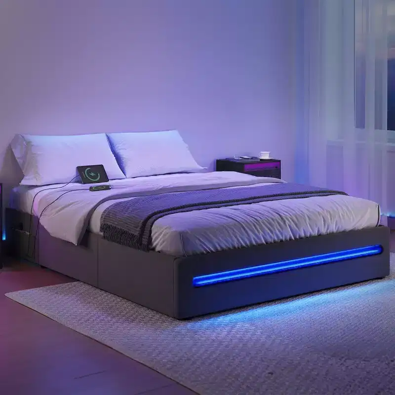 LED Bed Frame Full/Queen Size with 4 Drawers and Charging Station, Full/Queen Bed Frame with 1 USB Port and 1 Type C Port, Dark Gray