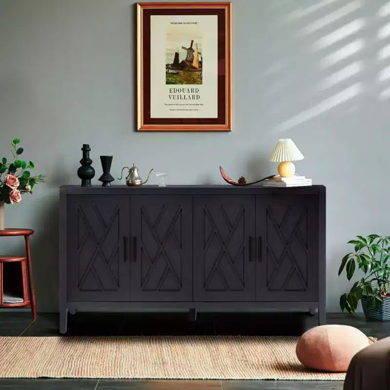 60-Inch Modern Farmhouse Sideboard Buffet, 4-Door Geometric Patterned Accent Storage Cabinet with Adjustable Shelves