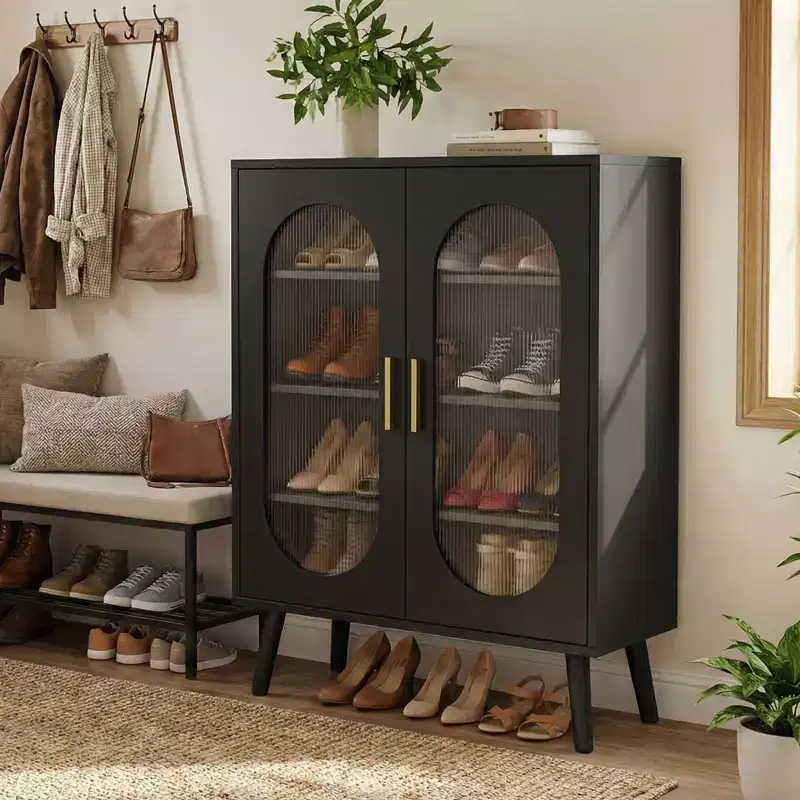2 Door Sun Panel Elevated Shoe Cabinet USB 7 Color LED 4 Tier 26.77 W
