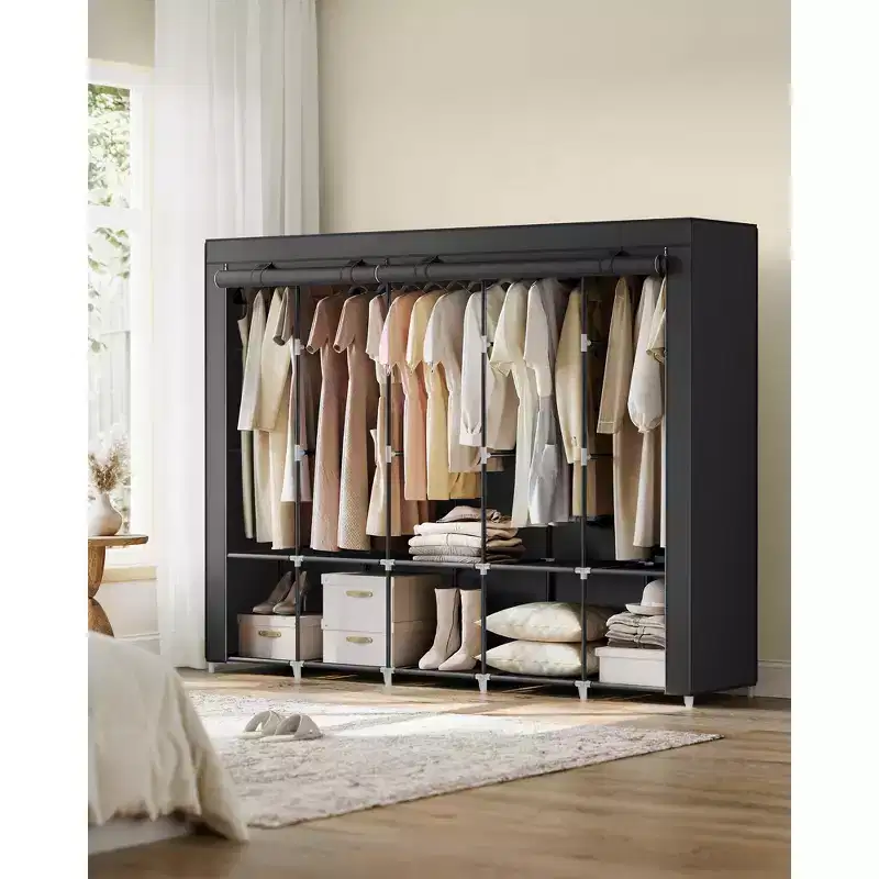 SONGMICS Portable Closet, Wardrobe Closet Organizer with Cover, 5 Hanging Rods and Shelves, 4 Side Pockets, 83 x 17.7 x 65.7 Inches Ink Black