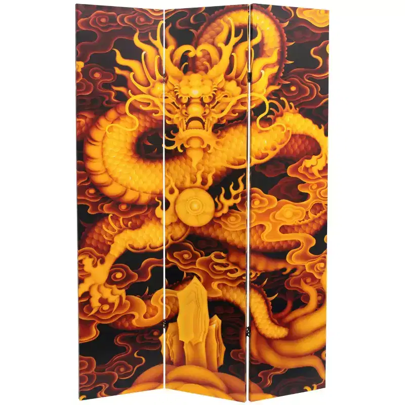 6" Dragon Fire on the Mountain Double Sided Room Divider Oriental Furniture: No Assembly, Spruce Wood Frame
