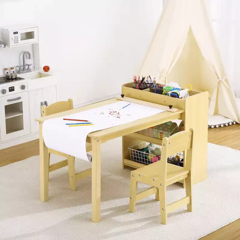 Kids Table and Chair Set, Toddler Art and Craft Activity Table with Paper Roller & Storage, Preschool Furniture for Bedroom, Nursery, Daycare