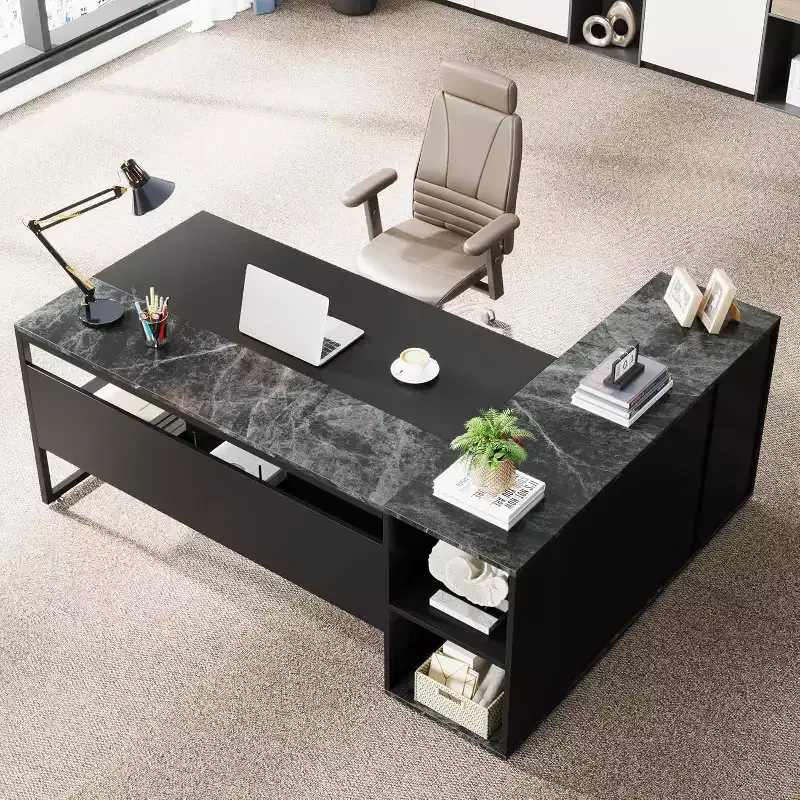 70.86-inch Executive Desk, L-Shaped Office Desk with Storage Cabinet, Business Furniture Desk Workstation for Home Office