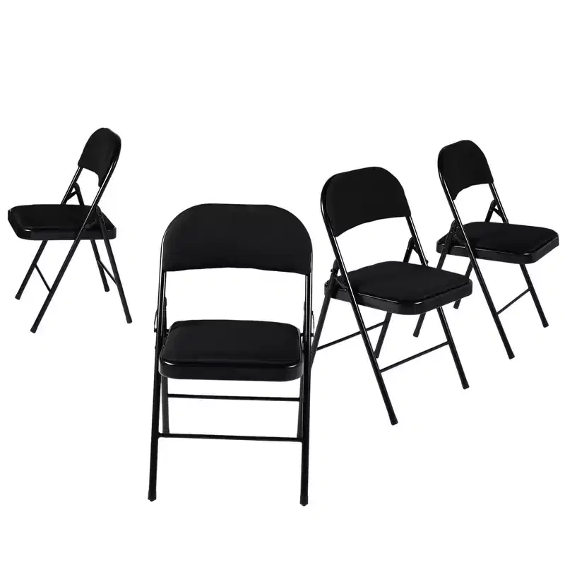 HomeRoots Set of Four Black Faux Leather and Steel Folding Chairs