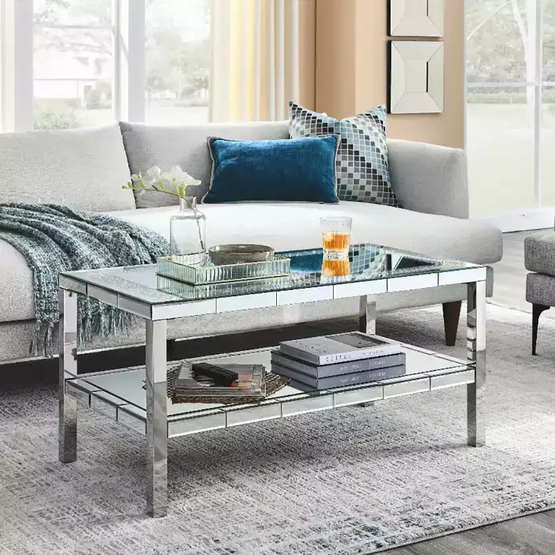 Modern Coffee Table 2-Layer Crystal Mirror Stainless Steel Frame with 4 Mirror Faced Stainless Steel Legs for Home Office Living Room