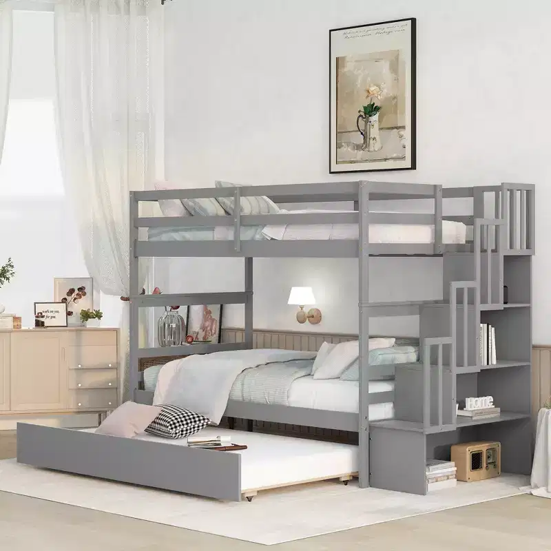 Whisen Twin over Twin Bunk Beds With Twin Trundle and Stairway Storage Function