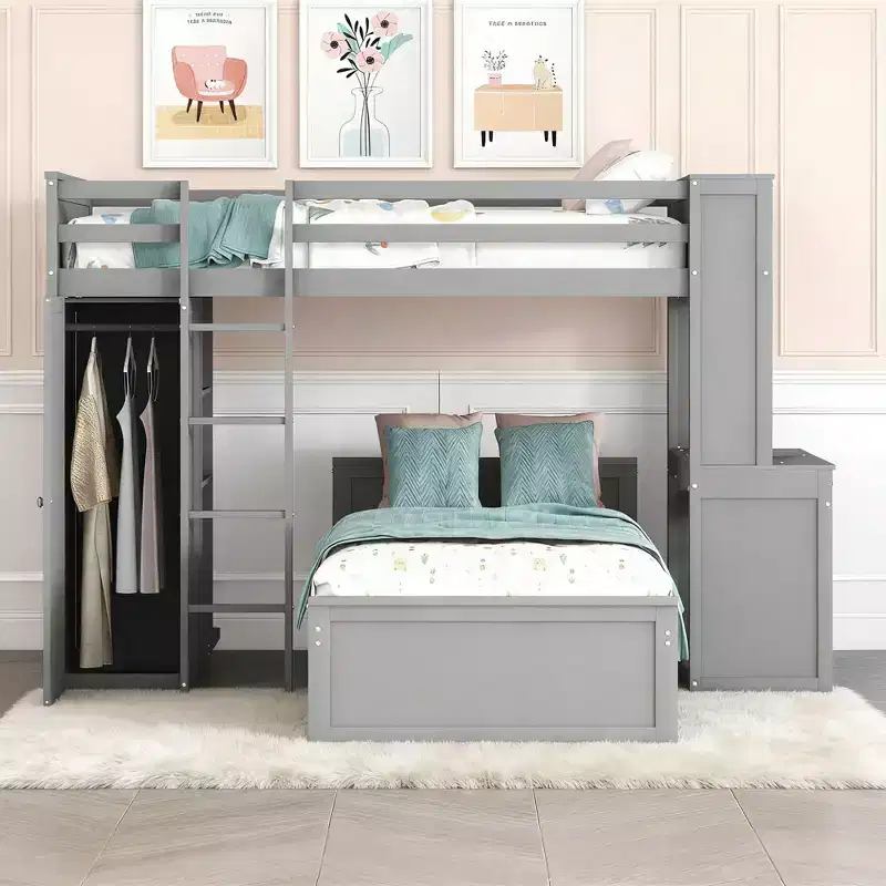 Luxystar Twin over Twin L Shaped Bunk Bed with Desk, Bookcase and Wardrobe
