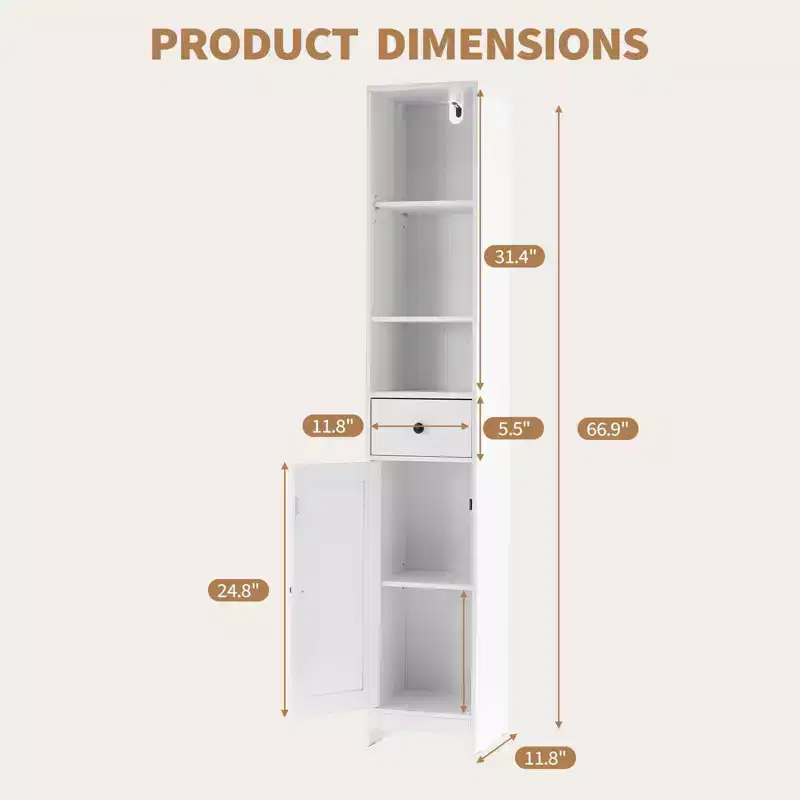 Tall Freestanding Storage Cabinet with Sliding Doors, Drawer & Adjustable Shelves