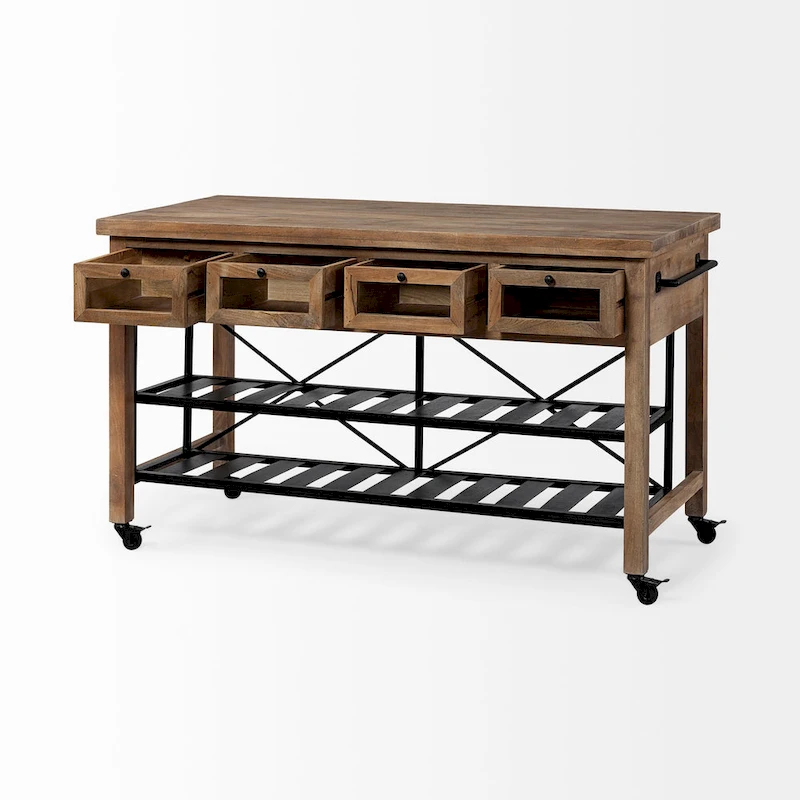 Stuart I Brown Solid Wood Top Two-Tier Black Metal Rolling Kitchen Island - 28.0L x 60.0W x 34.0H