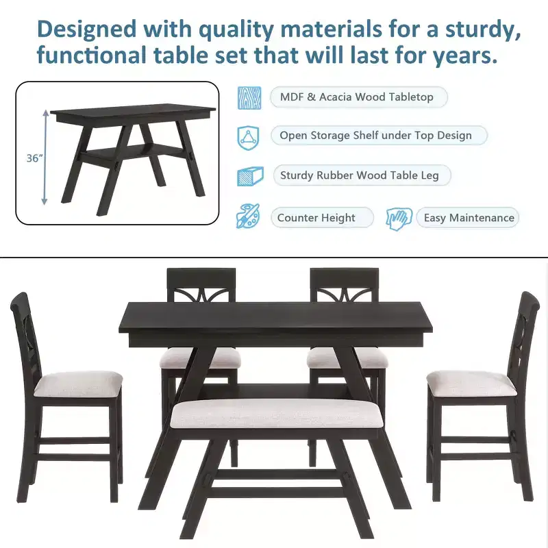 Whisen Rustic 6-Piece Counter Height Dining Table Set with Bench and 4 Upholstered Chairs