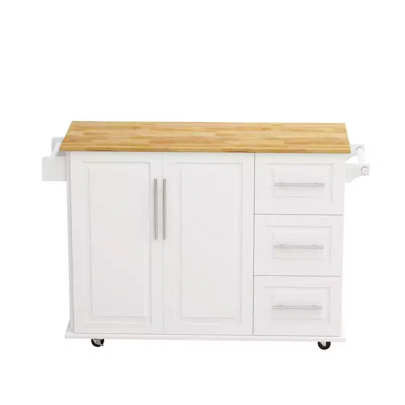 FAMYYT White Solid Wood Table Top 16.93 in. Kitchen Island Cart with 2 Door Cabinet and 3 Drawers Spice Rack Towel Rack