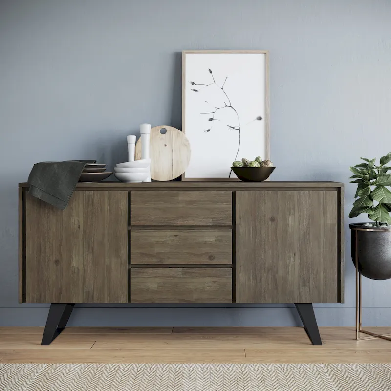 WYNDENHALL Mitchell Metal 60 inch Wide Rectangle Modern Industrial Sideboard Buffet in OAK WOOD - 60 x 17 x 30