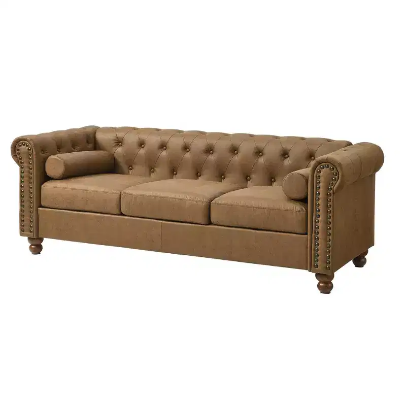 3-Seat Sofa, Tufted Fabric, Sturdy Wood Frame, Square Arms, S-Spring, High-Resilience Sponge, for Living Room or Apartment, Brown