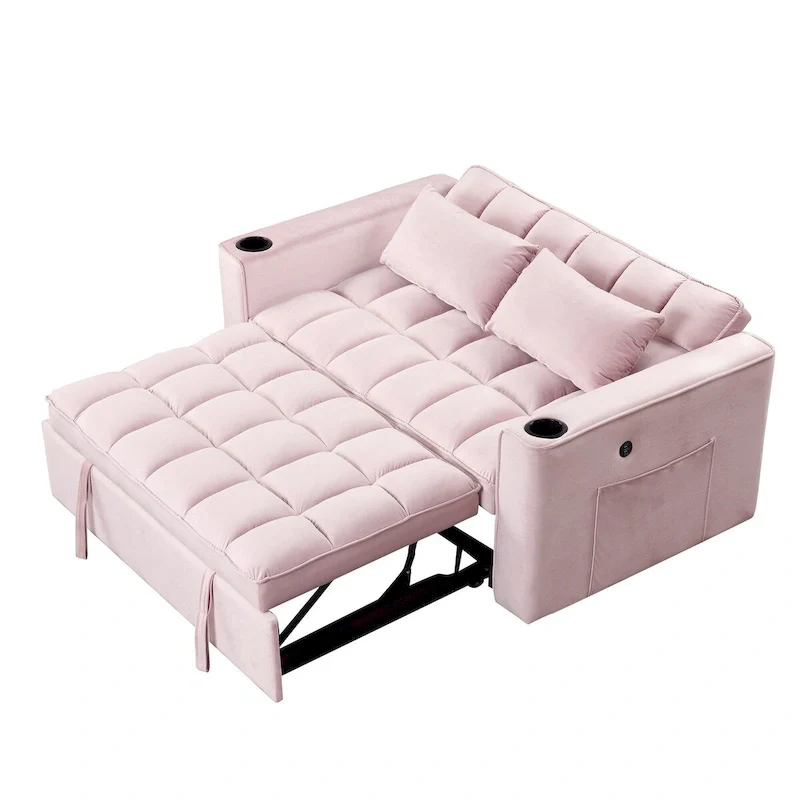 Velvet Convertible Sofa Bed with Cup Holder and USB Port