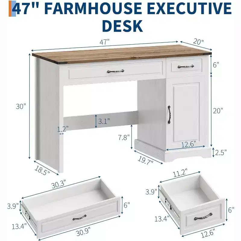 47 Farmhouse Executive Desk with Drawers & Storage Cabinet - Rustic Workstation for Home Office/Study/Bedroom, Antique White