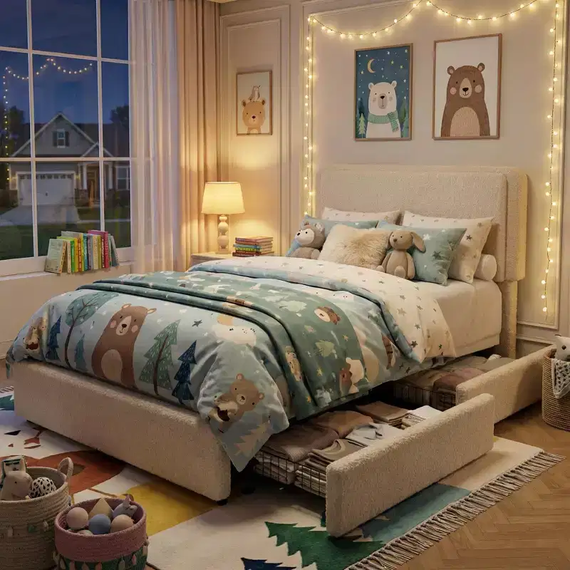 Full Size Teddy Fleece Bed Frame, Upholstered Platform Bed with 2 Storage Drawers, Height Adjustable Cloud Headboard, No Box Spring Required