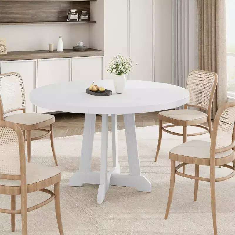 47.2 Round Dining Table for 4-6, Black Wood Kitchen Table with Pedestal Base and Adjustable Feet