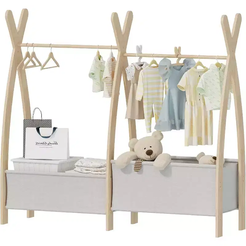BALHAM TRADE-Girls Clothing Rack Double Hanging Rod 2 Tier Storage Shelves Two Storage Boxes