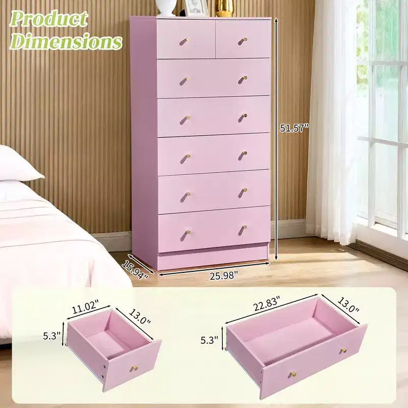 Large 7-Drawer Dresser for Bedroom and Chest of Drawers with Sturdy Construction Wood Storage Organizer for Closet In pink