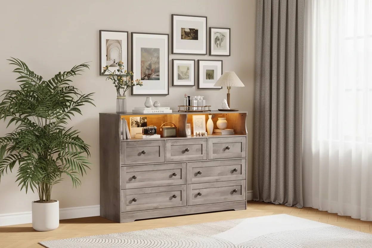 7-Drawer Dresser with LED Lights & Charging Station – Wooden Chest with Open Compartments for Bedroom