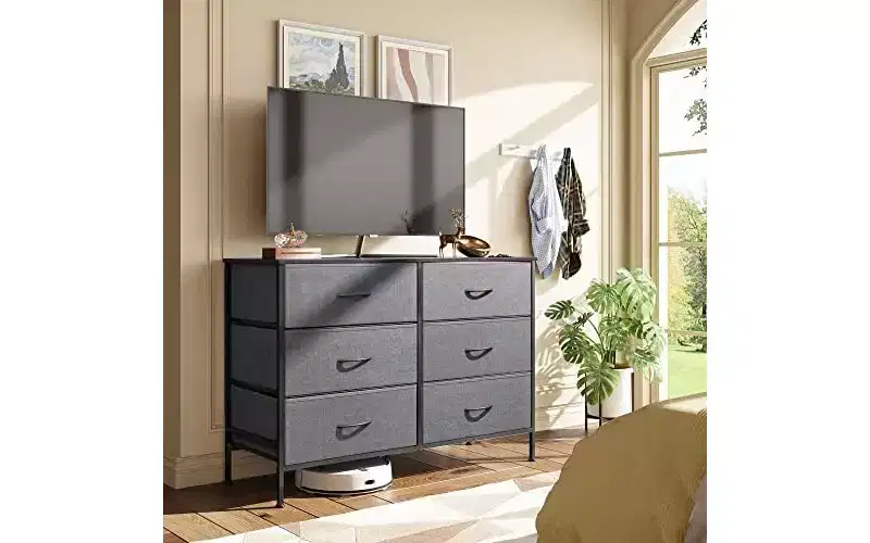 DEXYLLO Dresser for Bedroom with 6 Drawers, Wide Dresser TV Stand for 50 Inches TV, Gray Dresser with Metal Frame, Wooden Top, Dark Gray