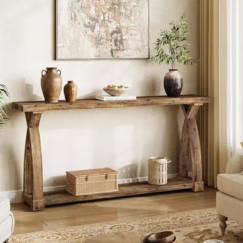 Lantine 63-Inch Narrow Solid Wood Console Table, 2-Tier Farmhouse Entryway Table Behind Sofa for Entrance, Foyer, Living Room