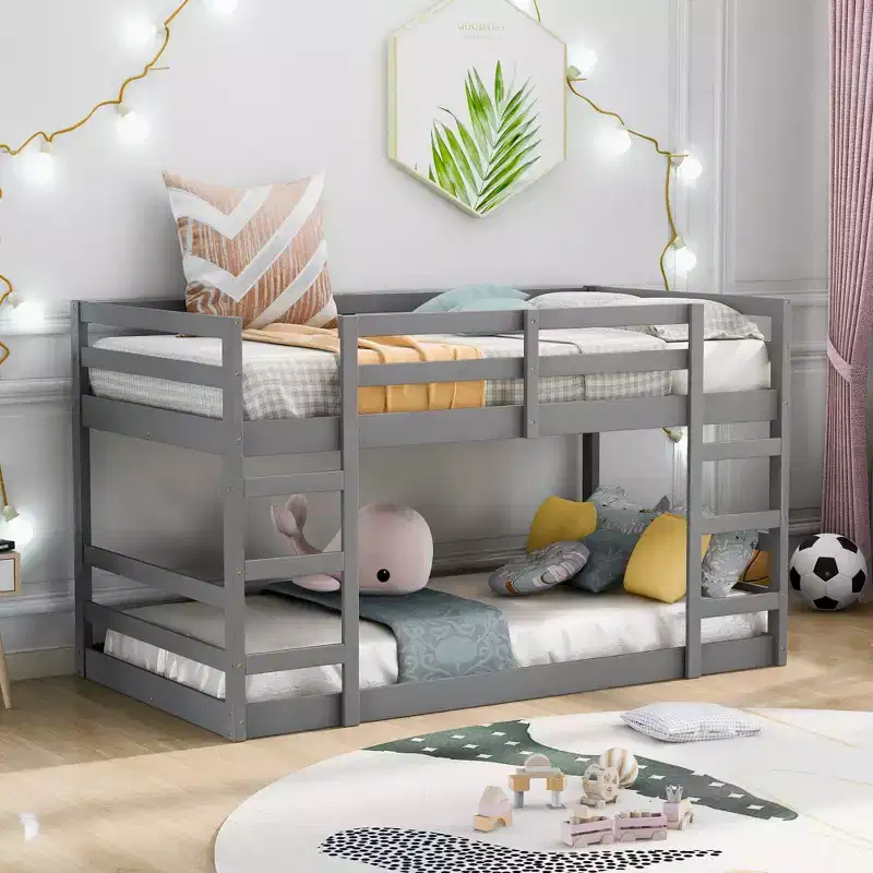 Low Bunk Bed , Wooden Floor Bunk Bed with Ladder, Bunk Bed with Full Guardrails