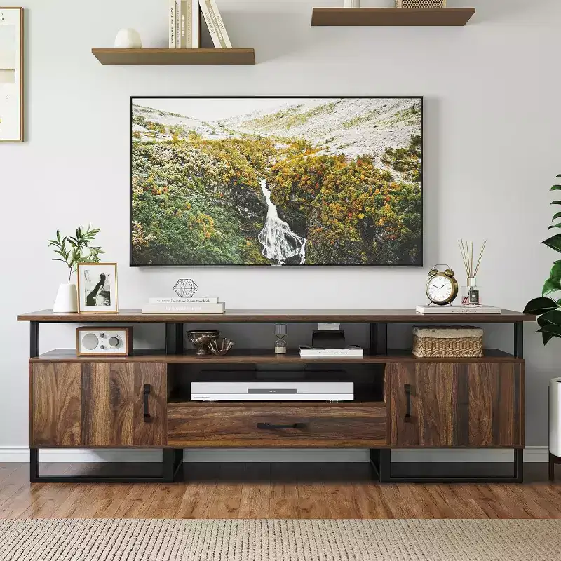 75 Industrial TV Stand | Drawer & Side Cabinets | Metal Frame & PB Board | Rustic Brown | for Living Room & Bedroom