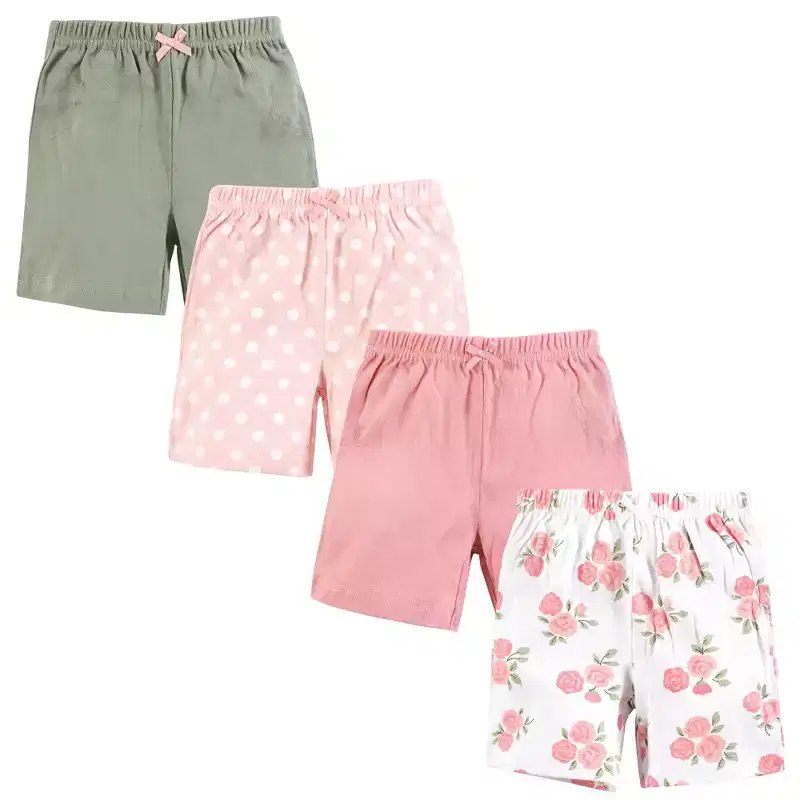 Hudson Baby Infant Girl Shorts Bottoms 4-Pack, Soft Pink Roses