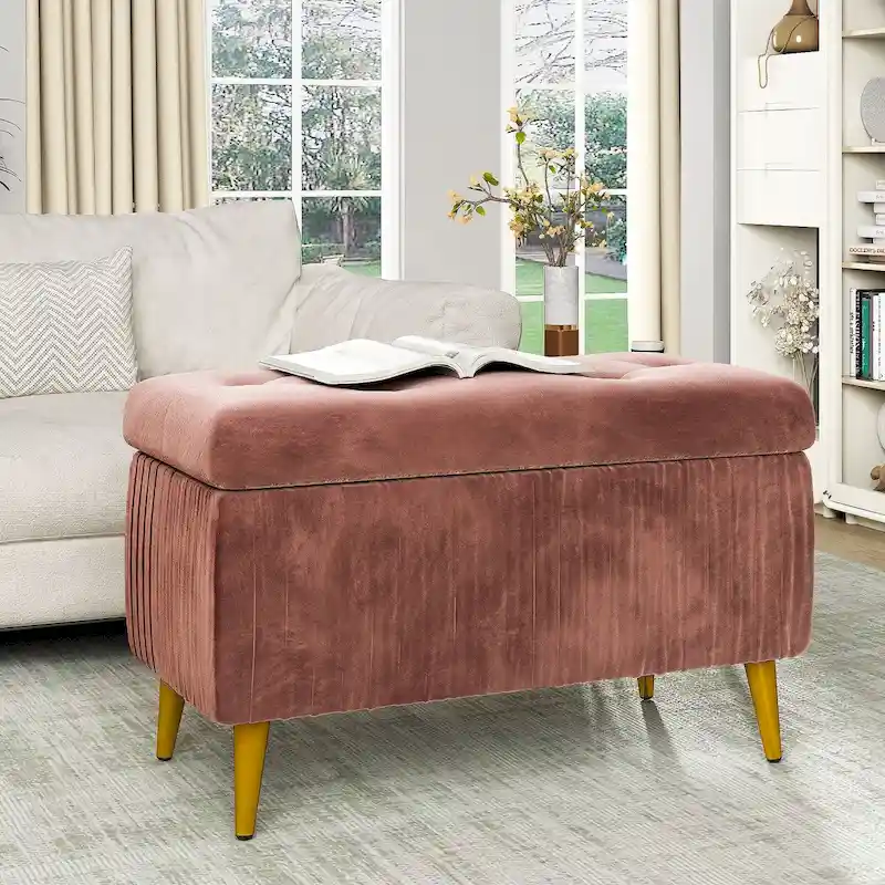 Tufted Storage Bench with Velvet Upholstery and Metal Legs