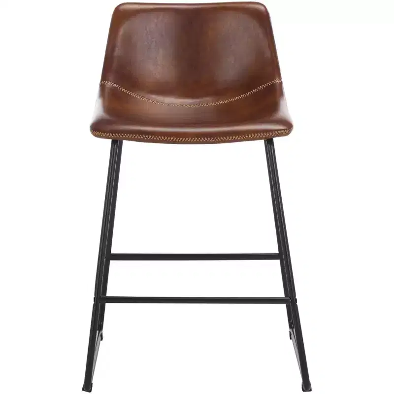 Counter Stool, Iron Frame with Leather Upholstered Seat, Padded Back, Footrest, 24