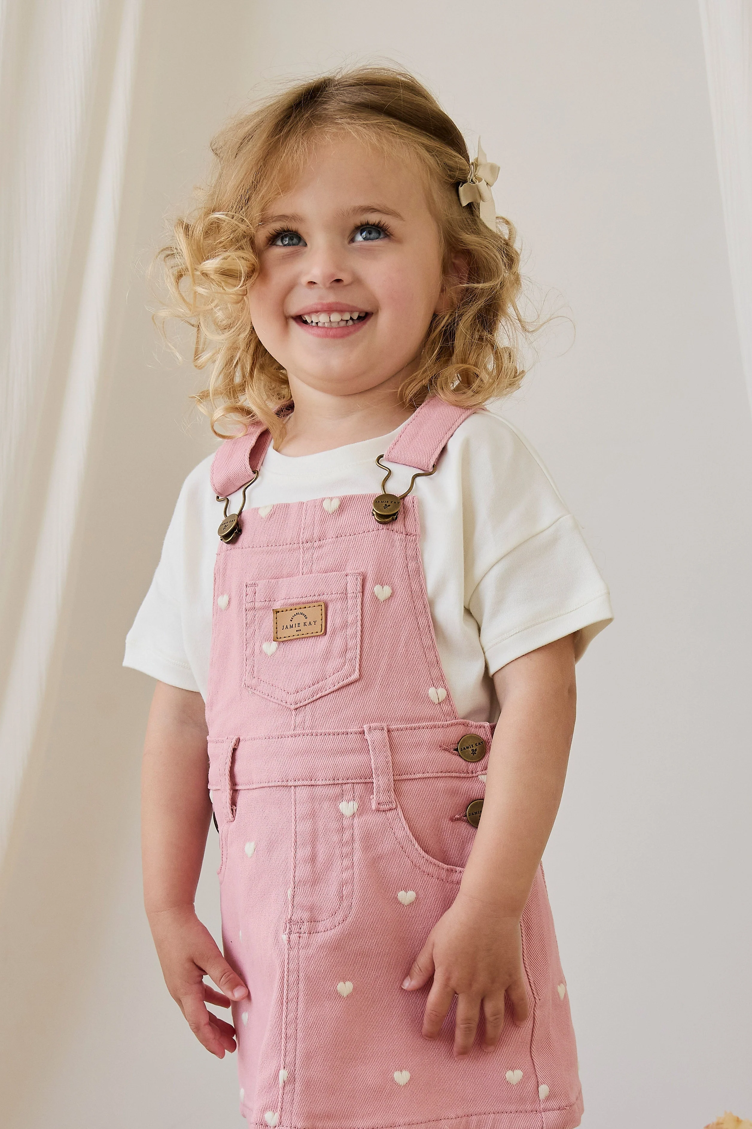 Romantic Pink Heart-Print Cotton-Elastane Classic Overall Dress with Adjustable Straps for Girls 6M–8Y