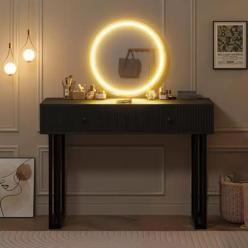 Small Makeup Vanity Desk with Mirror, 2 Drawers & 3-Color LED for Bedroom