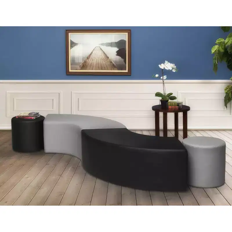 Curved Semi-Circle Ottoman Black Leather Upholstered Mid-Century Modern