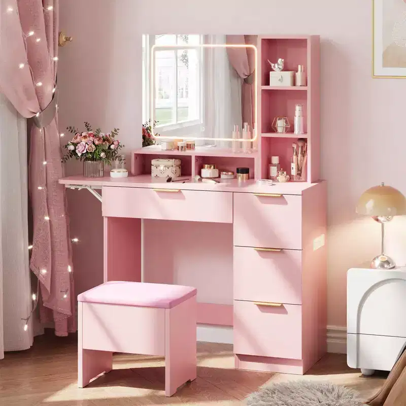 DAY & NIGHT 54.7 Lighted Vanity Desk Combo with Storage Stool, Drawers, Open Shelves 3-Tone Mirror, 4 Drawers, Power Stool & Metal Frame, Pink