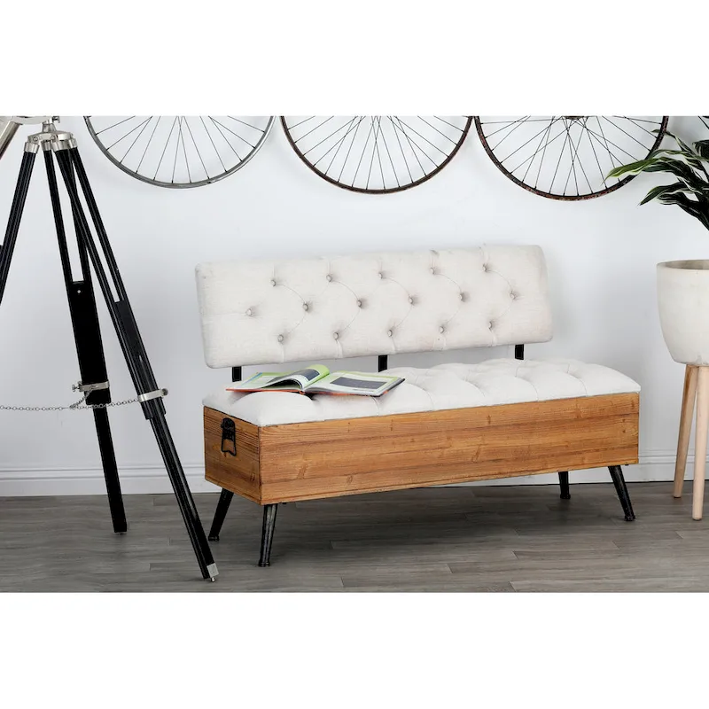 Wood Storage Bench with Cream Tufted Seat and Back - White - Roche River Decor - 20Wx48Lx30H