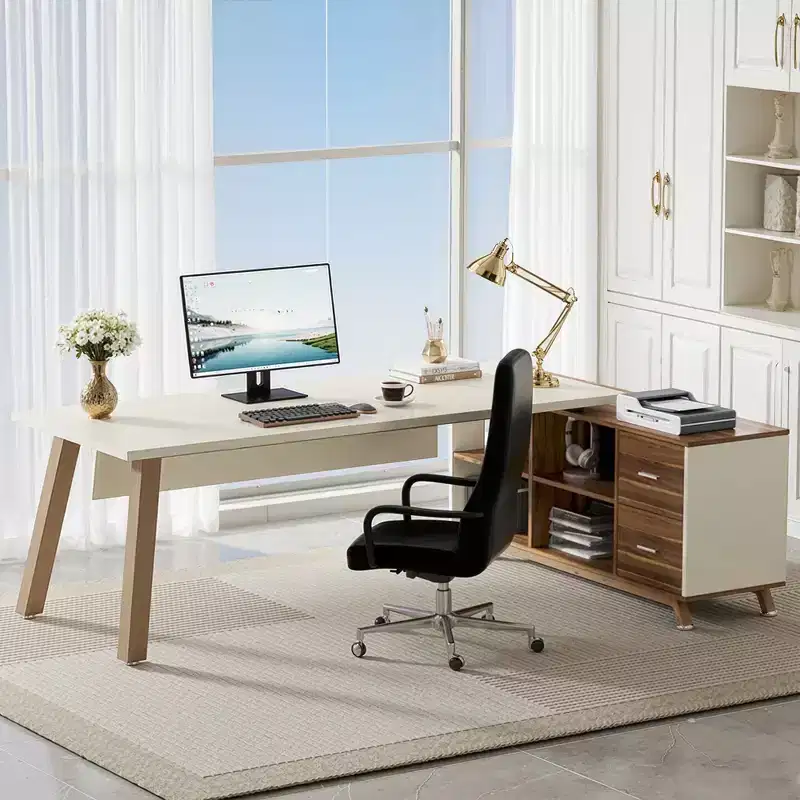 71x55 Industrial L-Shaped Desk, E0 Grade Board, Scratch Resistant, 2 Drawers & 4 Shelves