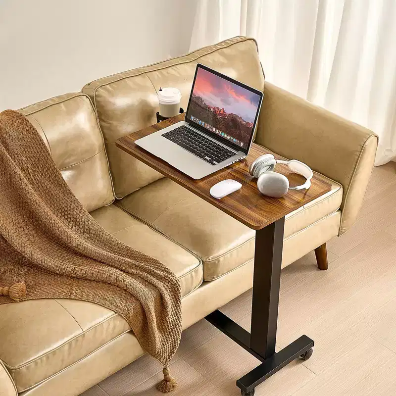 Electric Height Adjustable Overbed Table with Wheels, Rolling Laptop Bedside Desk with Tilting Top & Cup Holder for Home Office Study