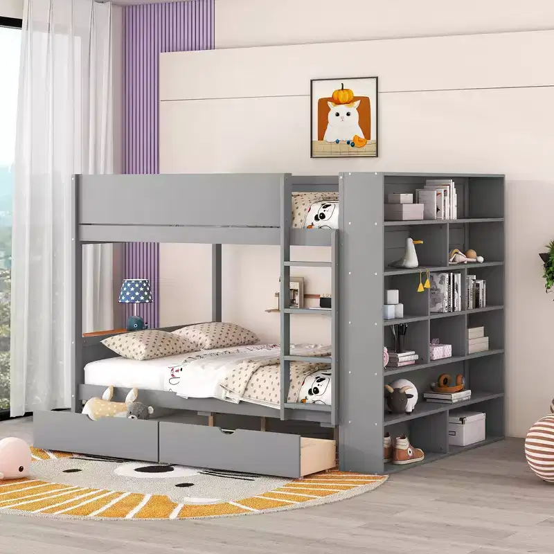 Twin Over Twin / Full Over Full Bunk Bed with 2 Drawers and Multi-Layer Cabinet, White/Gray