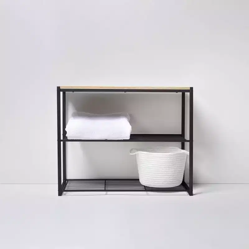 3-Tier Shoe Rack, Black Metal with Natural Wood Top