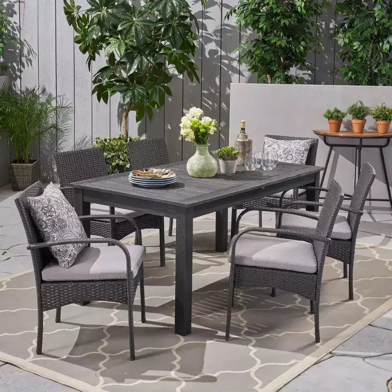 Elmar 7pc Wood & Wicker Expandable Dining Set - Dark Gray/Gray - Christopher Knight Home
