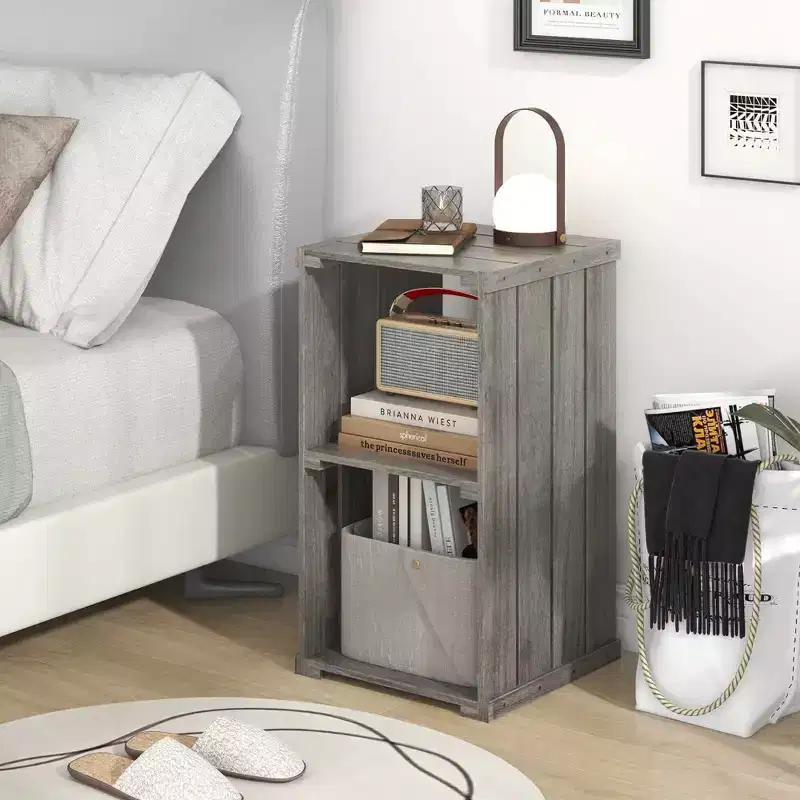 Costway 1/2 PCS 2-Cube Storage Shelf Slatted Paulownia Wood Cubic Organizer with Open Back Gray