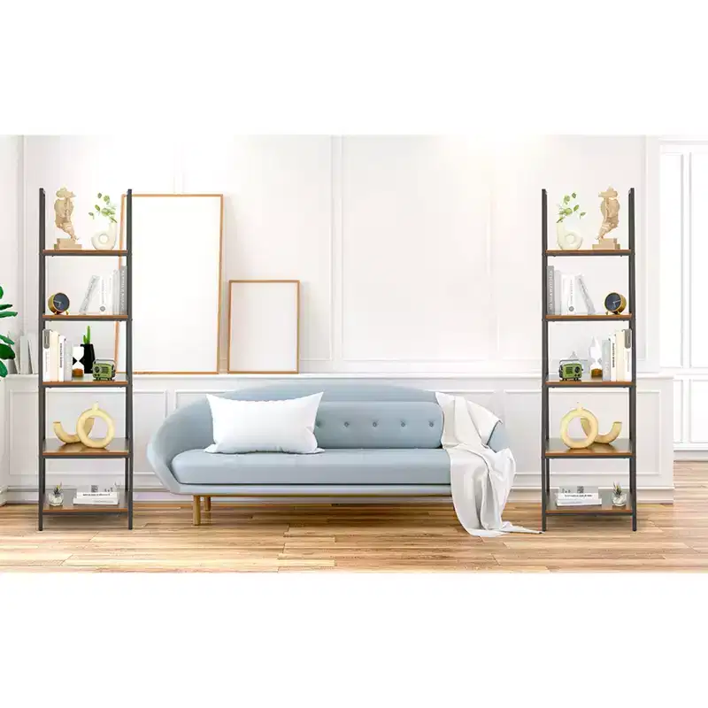 Freestanding Industrial 5 Tier Open Shelf Ladder Bookcase, Gray & Brown