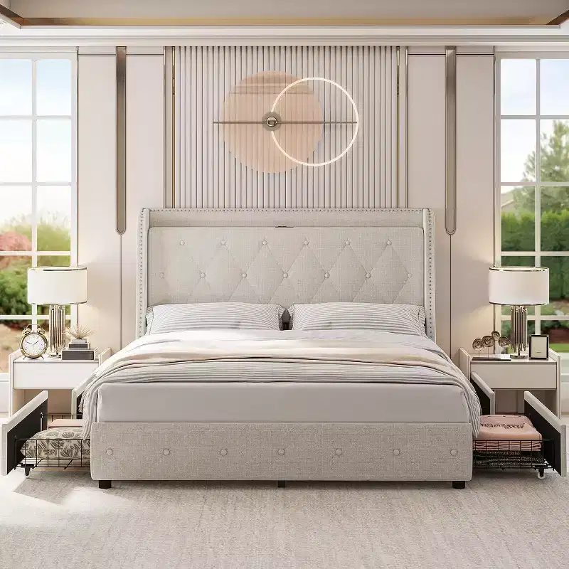 Garvee Upholstered Bed Frame with Charging Station & Wingback/4 Storage Drawers,No Box Spring Needed,Mattress Foundation,Easy Assembly,Beige