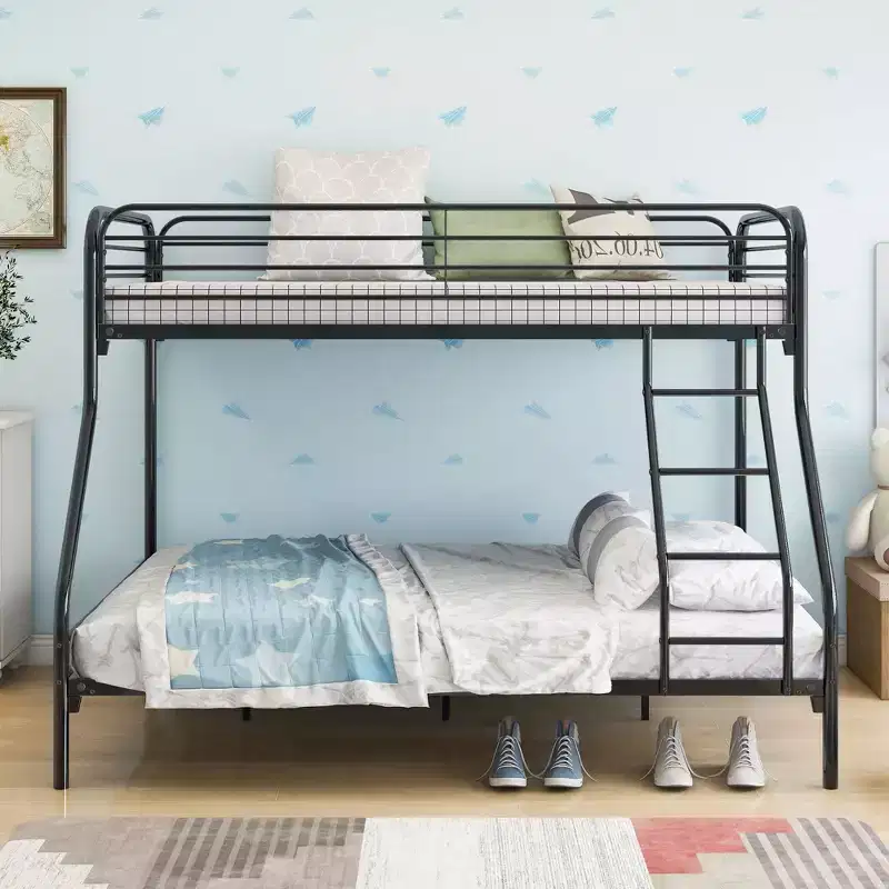 Okak 77.95IN Twin-Over-Full Heavy Duty Metal Bunk Bed, Bed Frames with Enhanced Safety Guardrail and Ladder, Twin Bed for Kids, Adult, Black