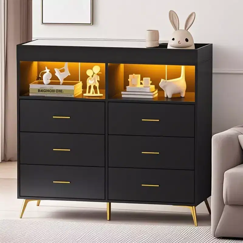 Dresser for Bedroom with Changing Table Top, 6 Drawer Baby Changing Table Dresser with Open Shelves